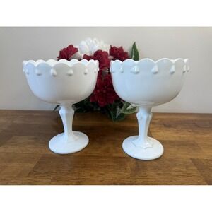 Pair of Vintage Milk Glass Compote Bowls Scalloped Teardrop Pedestal Dishes‎ MCM